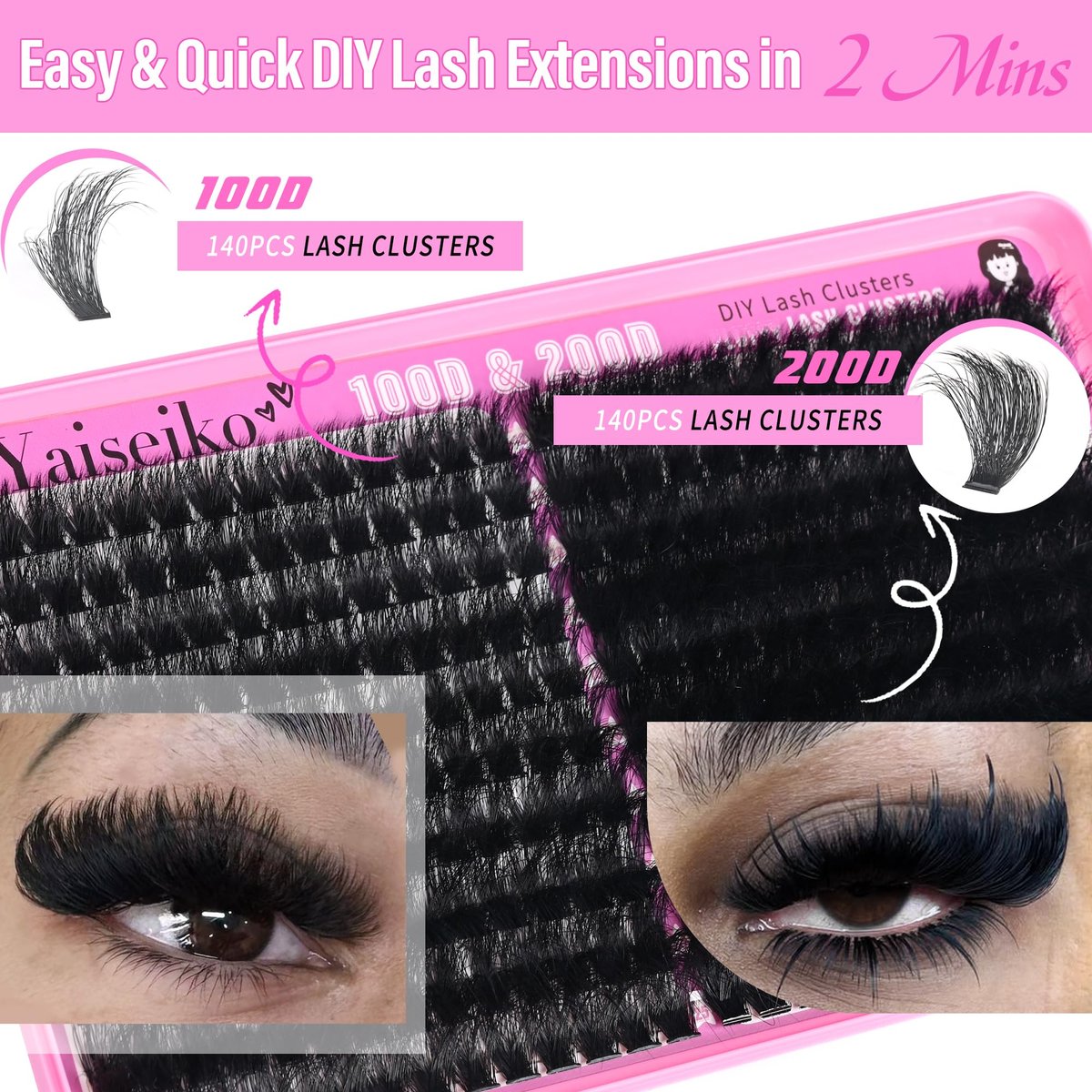 Volume Lash Clusters 100D+200D Mega Lashes Clusters 12-25mm Wispy Individual Lashes DIY Eyelash Extensions Replacement for Yaiseiko (280 Pcs) - görsel 13