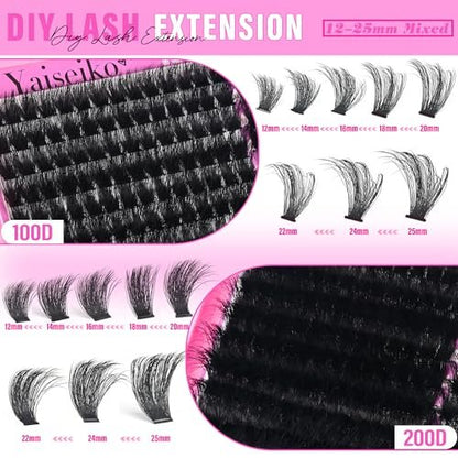 Volume Lash Clusters 100D+200D Mega Lashes Clusters 12-25mm Wispy Individual Lashes DIY Eyelash Extensions Replacement for Yaiseiko (280 Pcs)