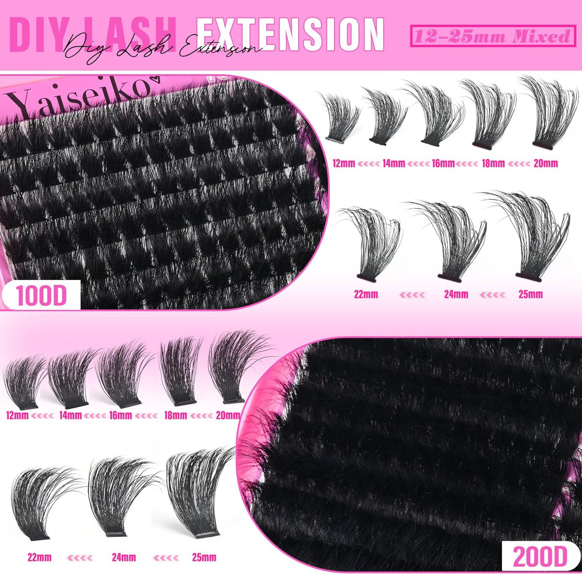 Volume Lash Clusters 100D+200D Mega Lashes Clusters 12-25mm Wispy Individual Lashes DIY Eyelash Extensions Replacement for Yaiseiko (280 Pcs) - görsel 5