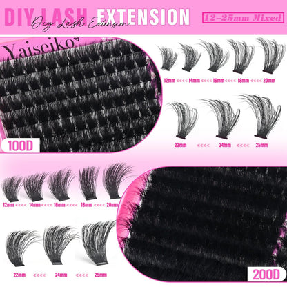 Volume Lash Clusters 100D+200D Mega Lashes Clusters 12-25mm Wispy Individual Lashes DIY Eyelash Extensions Replacement for Yaiseiko (280 Pcs)
