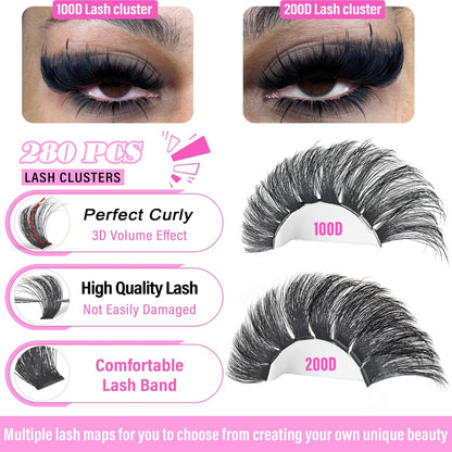 Volume Lash Clusters 100D+200D Mega Lashes Clusters 12-25mm Wispy Individual Lashes DIY Eyelash Extensions Replacement for Yaiseiko (280 Pcs)