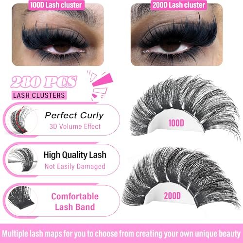 Volume Lash Clusters 100D+200D Mega Lashes Clusters 12-25mm Wispy Individual Lashes DIY Eyelash Extensions Replacement for Yaiseiko (280 Pcs) - görsel 8
