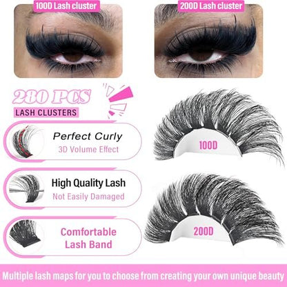 Volume Lash Clusters 100D+200D Mega Lashes Clusters 12-25mm Wispy Individual Lashes DIY Eyelash Extensions Replacement for Yaiseiko (280 Pcs)