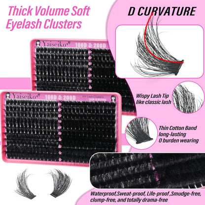 Volume Lash Clusters 100D+200D Mega Lashes Clusters 12-25mm Wispy Individual Lashes DIY Eyelash Extensions Replacement for Yaiseiko (280 Pcs)