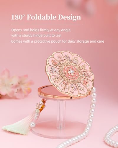Imperblooms Twelve Flower Goddesses Compact Mirror - Mini Makeup Mirror with 2X Magnification, Portable Double Sided Pocket Mirror for Purse, Pink Gift for Women Girls Avelisse