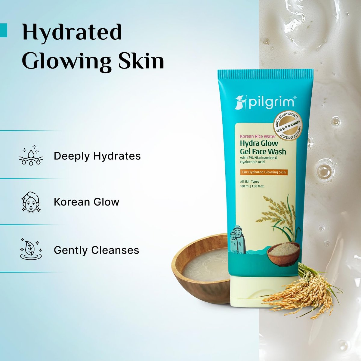 Pilgrim Rice Water Hydra Face Wash with Niacinamide & Hyaluronic Acid – Gentle Gel Cleanser for Fresh, Clean Skin, 3.38 fl oz - görsel 3