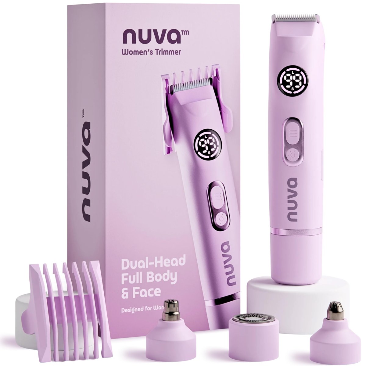 NUVA 4-in-1 Bikini Trimmer for Women - Painless Electric Razor with Interchangeable Heads, Cordless Body & Facial Hair Trimmer, Ceramic Blade, IPX7 Waterproof, USB Rechargeable (Purple) Avelisse