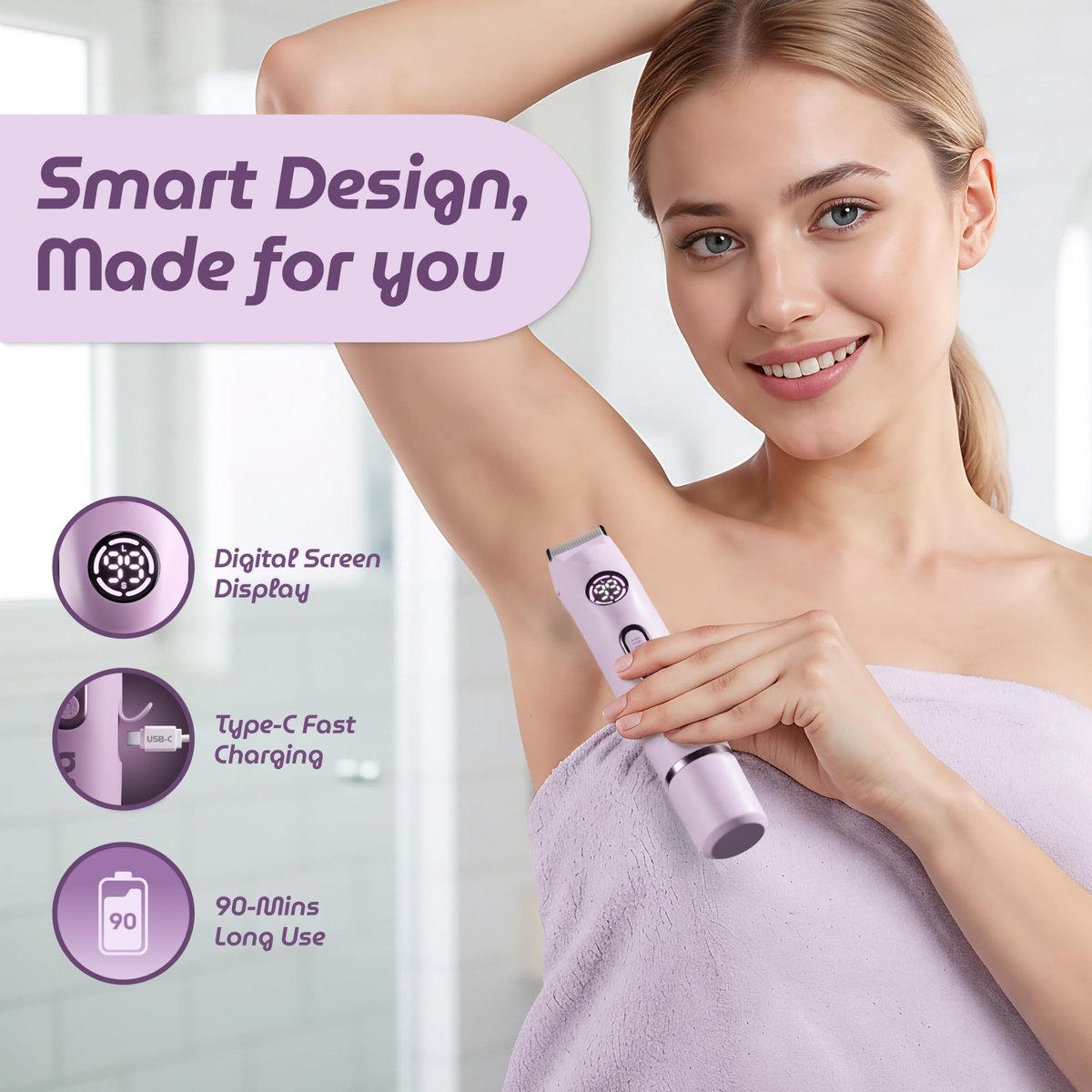 NUVA 4-in-1 Bikini Trimmer for Women - Painless Electric Razor with Interchangeable Heads, Cordless Body & Facial Hair Trimmer, Ceramic Blade, IPX7 Waterproof, USB Rechargeable (Purple) Avelisse