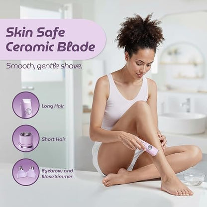 NUVA 4-in-1 Bikini Trimmer for Women - Painless Electric Razor with Interchangeable Heads, Cordless Body & Facial Hair Trimmer, Ceramic Blade, IPX7 Waterproof, USB Rechargeable (Purple) Avelisse