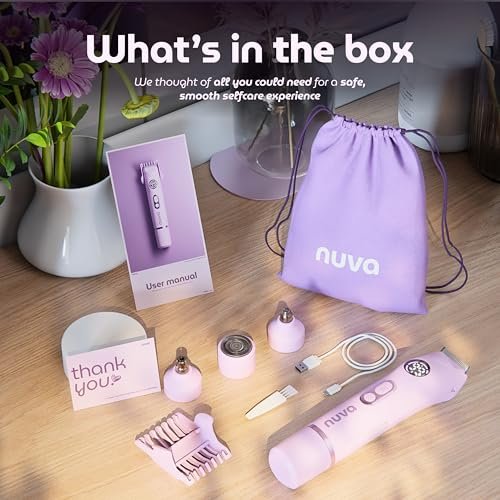 NUVA 4-in-1 Bikini Trimmer for Women - Painless Electric Razor with Interchangeable Heads, Cordless Body & Facial Hair Trimmer, Ceramic Blade, IPX7 Waterproof, USB Rechargeable (Purple) Avelisse