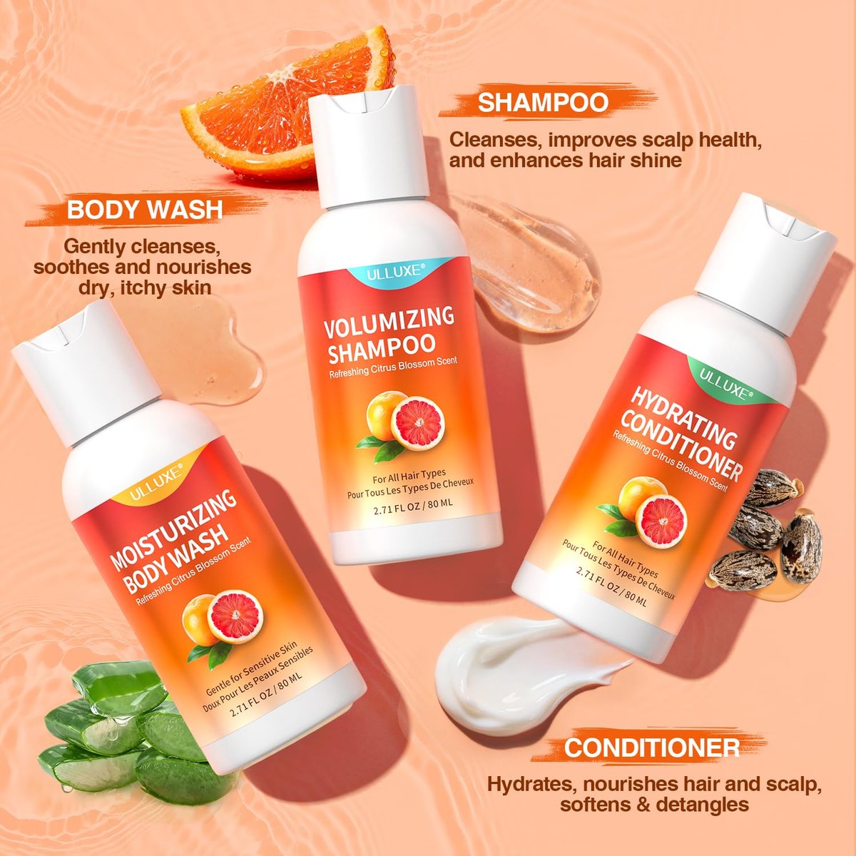 Travel Size Shampoo Conditioner and Body Wash Set - Hair Care & Body Care Trio Gift Set for Trip, Camping, Outdoor, Hotel & Gyms, Gentle for Baby, TSA Friendly Essentials, 2.71 Oz Each Avelisse