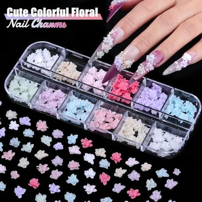6 Boxes Flower Nail Art Charms - Cute Colorful Resin Hibiscus & Butterfly Nail Gems with Pickup Tools for DIY Manicure