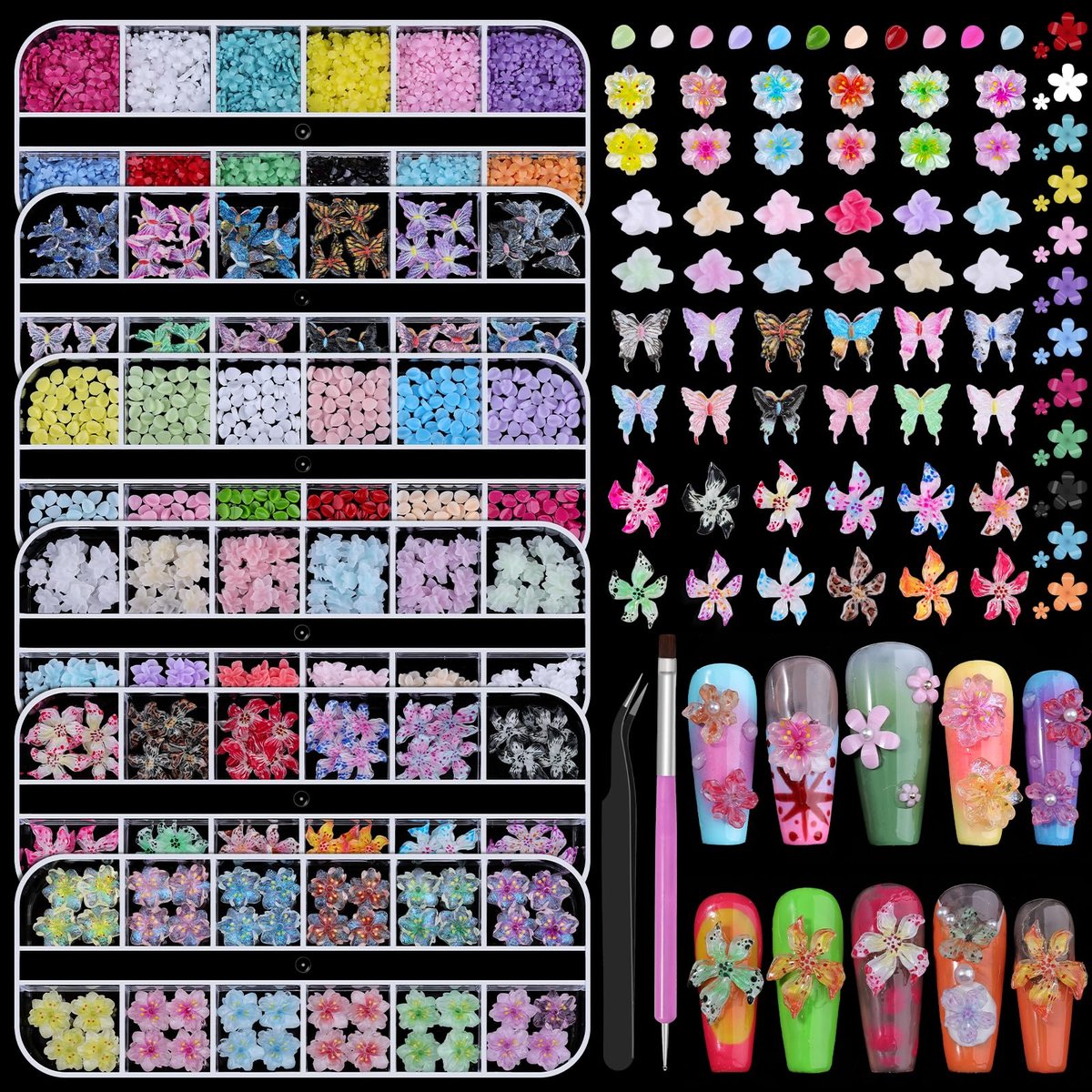 6 Boxes Flower Nail Art Charms - Cute Colorful Resin Hibiscus & Butterfly Nail Gems with Pickup Tools for DIY Manicure - görsel 1