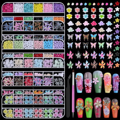 6 Boxes Flower Nail Art Charms - Cute Colorful Resin Hibiscus & Butterfly Nail Gems with Pickup Tools for DIY Manicure