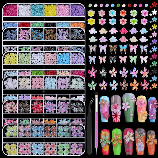 6 Boxes Flower Nail Art Charms - Cute Colorful Resin Hibiscus & Butterfly Nail Gems with Pickup Tools for DIY Manicure