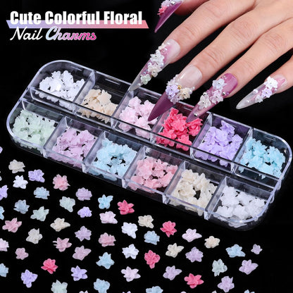 6 Boxes Flower Nail Art Charms - Cute Colorful Resin Hibiscus & Butterfly Nail Gems with Pickup Tools for DIY Manicure