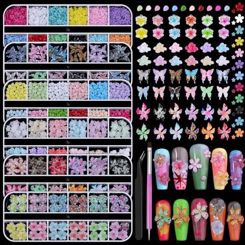 6 Boxes Flower Nail Art Charms - Cute Colorful Resin Hibiscus & Butterfly Nail Gems with Pickup Tools for DIY Manicure - görsel 2
