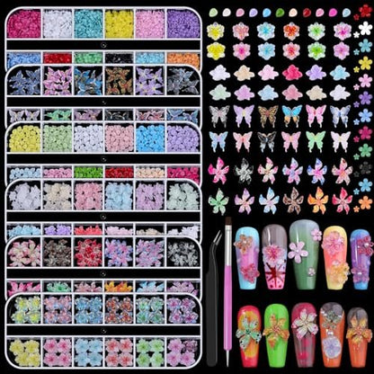6 Boxes Flower Nail Art Charms - Cute Colorful Resin Hibiscus & Butterfly Nail Gems with Pickup Tools for DIY Manicure