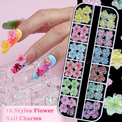 6 Boxes Flower Nail Art Charms - Cute Colorful Resin Hibiscus & Butterfly Nail Gems with Pickup Tools for DIY Manicure
