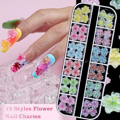 6 Boxes Flower Nail Art Charms - Cute Colorful Resin Hibiscus & Butterfly Nail Gems with Pickup Tools for DIY Manicure