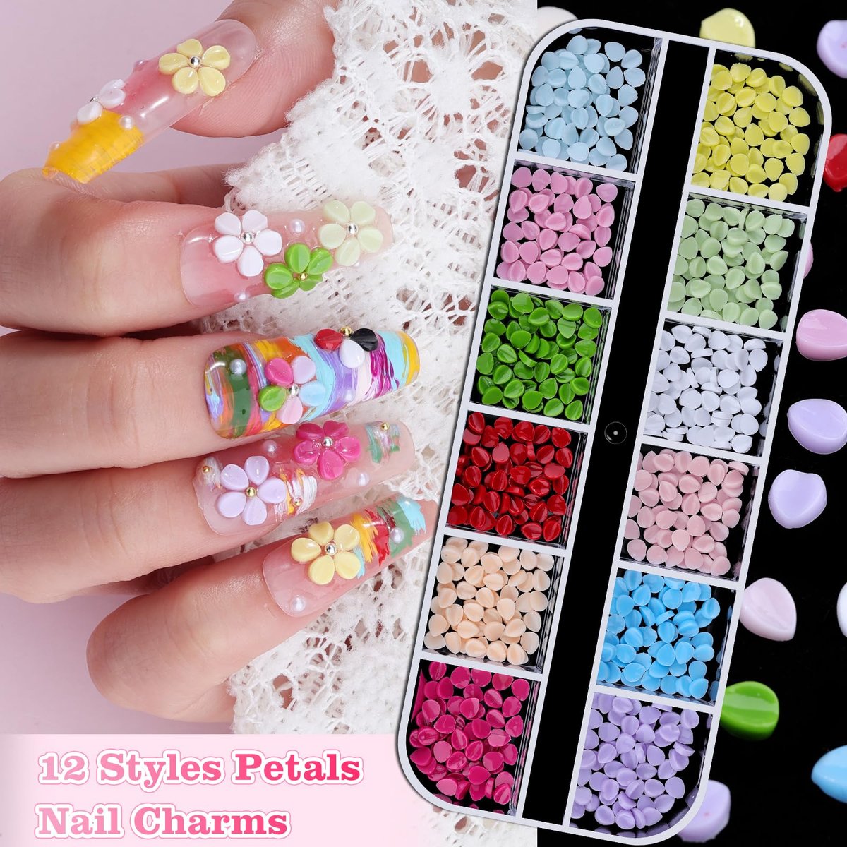 6 Boxes Flower Nail Art Charms - Cute Colorful Resin Hibiscus & Butterfly Nail Gems with Pickup Tools for DIY Manicure - görsel 9