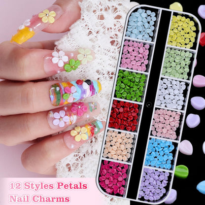 6 Boxes Flower Nail Art Charms - Cute Colorful Resin Hibiscus & Butterfly Nail Gems with Pickup Tools for DIY Manicure