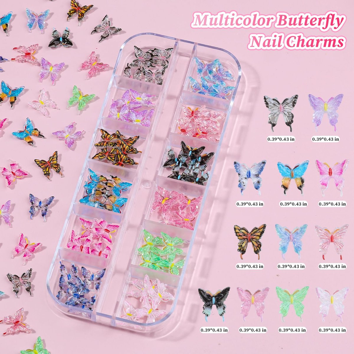6 Boxes Flower Nail Art Charms - Cute Colorful Resin Hibiscus & Butterfly Nail Gems with Pickup Tools for DIY Manicure - görsel 5