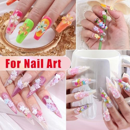 6 Boxes Flower Nail Art Charms - Cute Colorful Resin Hibiscus & Butterfly Nail Gems with Pickup Tools for DIY Manicure