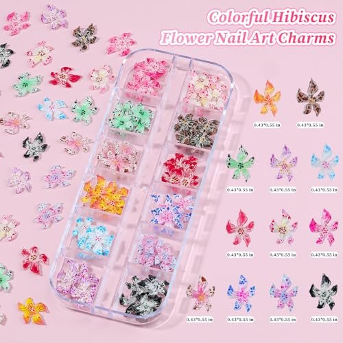 6 Boxes Flower Nail Art Charms - Cute Colorful Resin Hibiscus & Butterfly Nail Gems with Pickup Tools for DIY Manicure - görsel 4