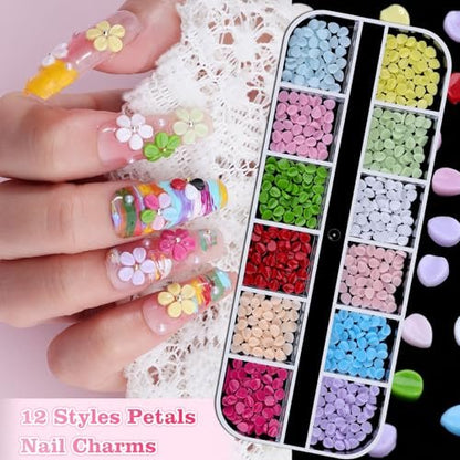 6 Boxes Flower Nail Art Charms - Cute Colorful Resin Hibiscus & Butterfly Nail Gems with Pickup Tools for DIY Manicure