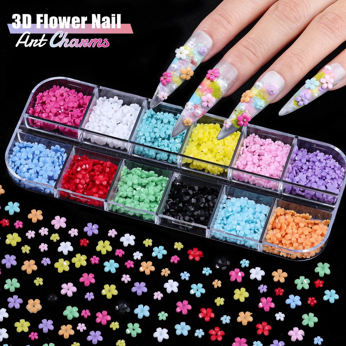 6 Boxes Flower Nail Art Charms - Cute Colorful Resin Hibiscus & Butterfly Nail Gems with Pickup Tools for DIY Manicure - görsel 13