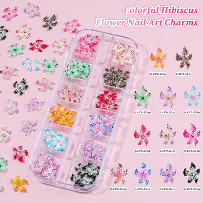 6 Boxes Flower Nail Art Charms - Cute Colorful Resin Hibiscus & Butterfly Nail Gems with Pickup Tools for DIY Manicure