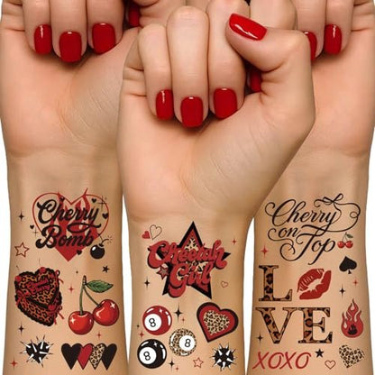 Red Cheetah Print Temporary Tattoos - 50 Y2K Patterns, 4 Sheets | Leopard & Cherry Party Favors for Girls Night, Bachelorette, Women, Glam Photo Booth Props Avelisse