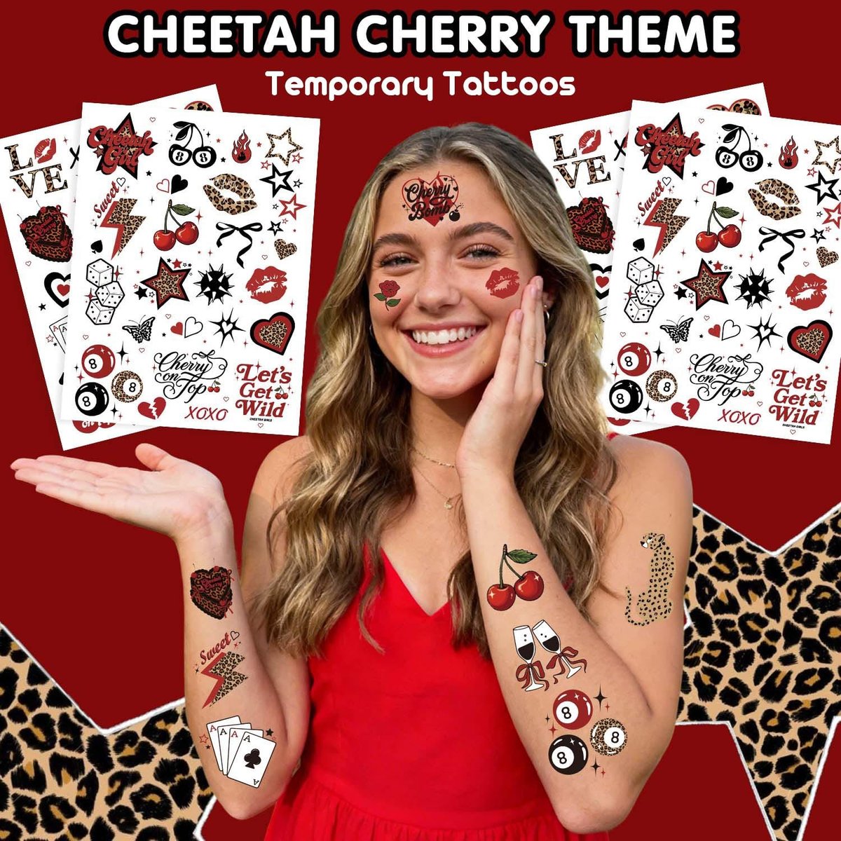 Red Cheetah Print Temporary Tattoos - 50 Y2K Patterns, 4 Sheets | Leopard & Cherry Party Favors for Girls Night, Bachelorette, Women, Glam Photo Booth Props Avelisse