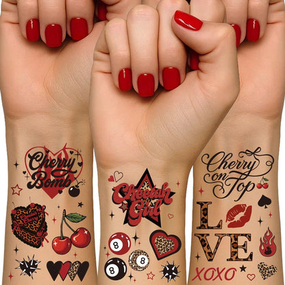 Red Cheetah Print Temporary Tattoos - 50 Y2K Patterns, 4 Sheets | Leopard & Cherry Party Favors for Girls Night, Bachelorette, Women, Glam Photo Booth Props Avelisse