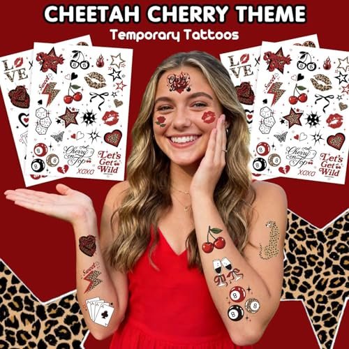 Red Cheetah Print Temporary Tattoos - 50 Y2K Patterns, 4 Sheets | Leopard & Cherry Party Favors for Girls Night, Bachelorette, Women, Glam Photo Booth Props Avelisse