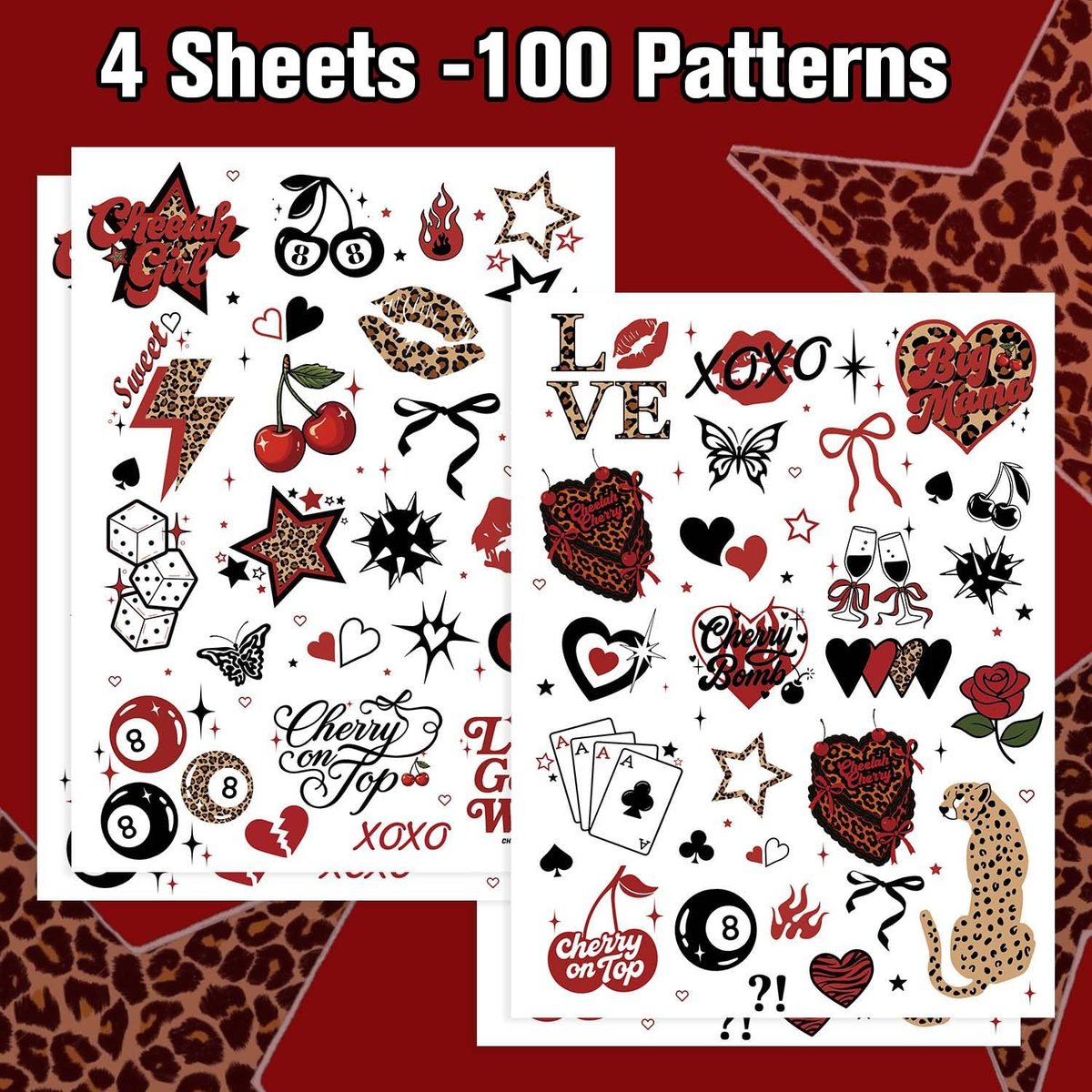 Red Cheetah Print Temporary Tattoos - 50 Y2K Patterns, 4 Sheets | Leopard & Cherry Party Favors for Girls Night, Bachelorette, Women, Glam Photo Booth Props Avelisse