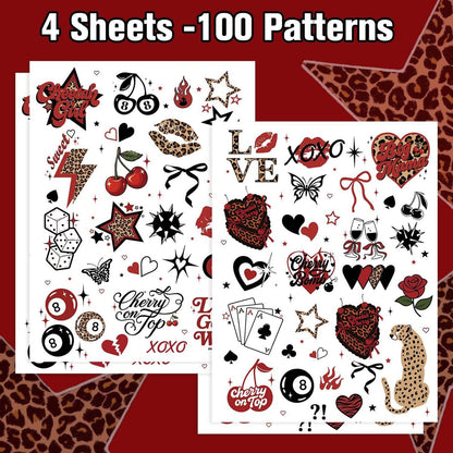 Red Cheetah Print Temporary Tattoos - 50 Y2K Patterns, 4 Sheets | Leopard & Cherry Party Favors for Girls Night, Bachelorette, Women, Glam Photo Booth Props Avelisse