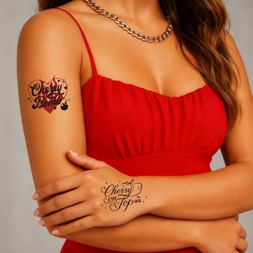Red Cheetah Print Temporary Tattoos - 50 Y2K Patterns, 4 Sheets | Leopard & Cherry Party Favors for Girls Night, Bachelorette, Women, Glam Photo Booth Props Avelisse