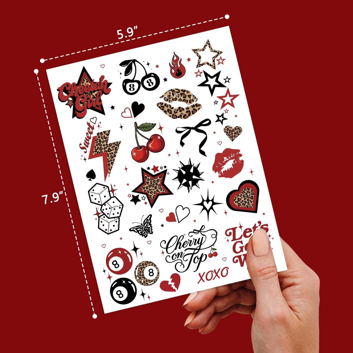 Red Cheetah Print Temporary Tattoos - 50 Y2K Patterns, 4 Sheets | Leopard & Cherry Party Favors for Girls Night, Bachelorette, Women, Glam Photo Booth Props Avelisse