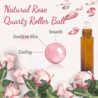 Warmify 8 Pack Rose Quartz Roller Bottles for Essential Oils, 10ml Refillable Amber Glass Roll On Bottles with Natural Crystal Roller Balls, Leak-Proof Travel Perfume Bottle with Rose Gold Caps