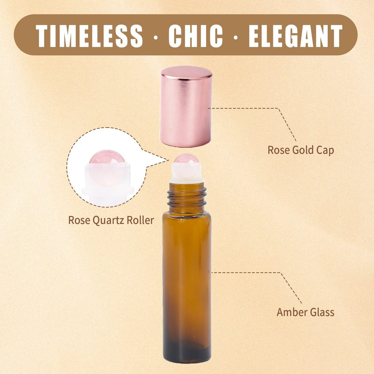 Warmify 8 Pack Rose Quartz Roller Bottles for Essential Oils, 10ml Refillable Amber Glass Roll On Bottles with Natural Crystal Roller Balls, Leak-Proof Travel Perfume Bottle with Rose Gold Caps - görsel 7