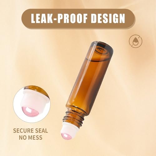 Warmify 8 Pack Rose Quartz Roller Bottles for Essential Oils, 10ml Refillable Amber Glass Roll On Bottles with Natural Crystal Roller Balls, Leak-Proof Travel Perfume Bottle with Rose Gold Caps - görsel 10