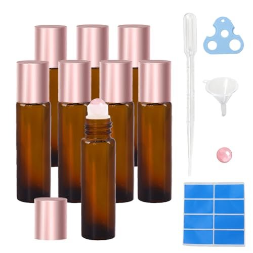 Warmify 8 Pack Rose Quartz Roller Bottles for Essential Oils, 10ml Refillable Amber Glass Roll On Bottles with Natural Crystal Roller Balls, Leak-Proof Travel Perfume Bottle with Rose Gold Caps - görsel 2