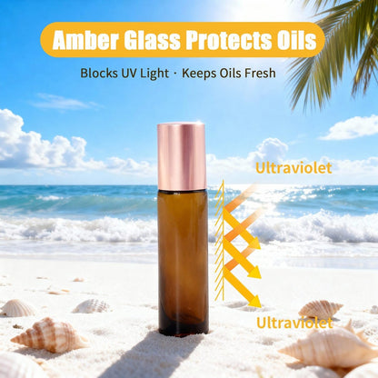 Warmify 8 Pack Rose Quartz Roller Bottles for Essential Oils, 10ml Refillable Amber Glass Roll On Bottles with Natural Crystal Roller Balls, Leak-Proof Travel Perfume Bottle with Rose Gold Caps