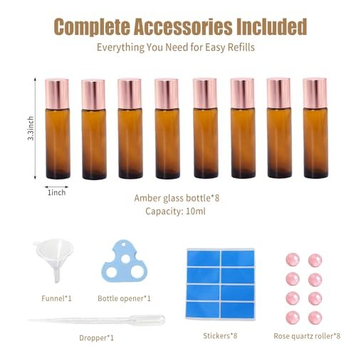 Warmify 8 Pack Rose Quartz Roller Bottles for Essential Oils, 10ml Refillable Amber Glass Roll On Bottles with Natural Crystal Roller Balls, Leak-Proof Travel Perfume Bottle with Rose Gold Caps - görsel 16