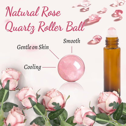Warmify 8 Pack Rose Quartz Roller Bottles for Essential Oils, 10ml Refillable Amber Glass Roll On Bottles with Natural Crystal Roller Balls, Leak-Proof Travel Perfume Bottle with Rose Gold Caps