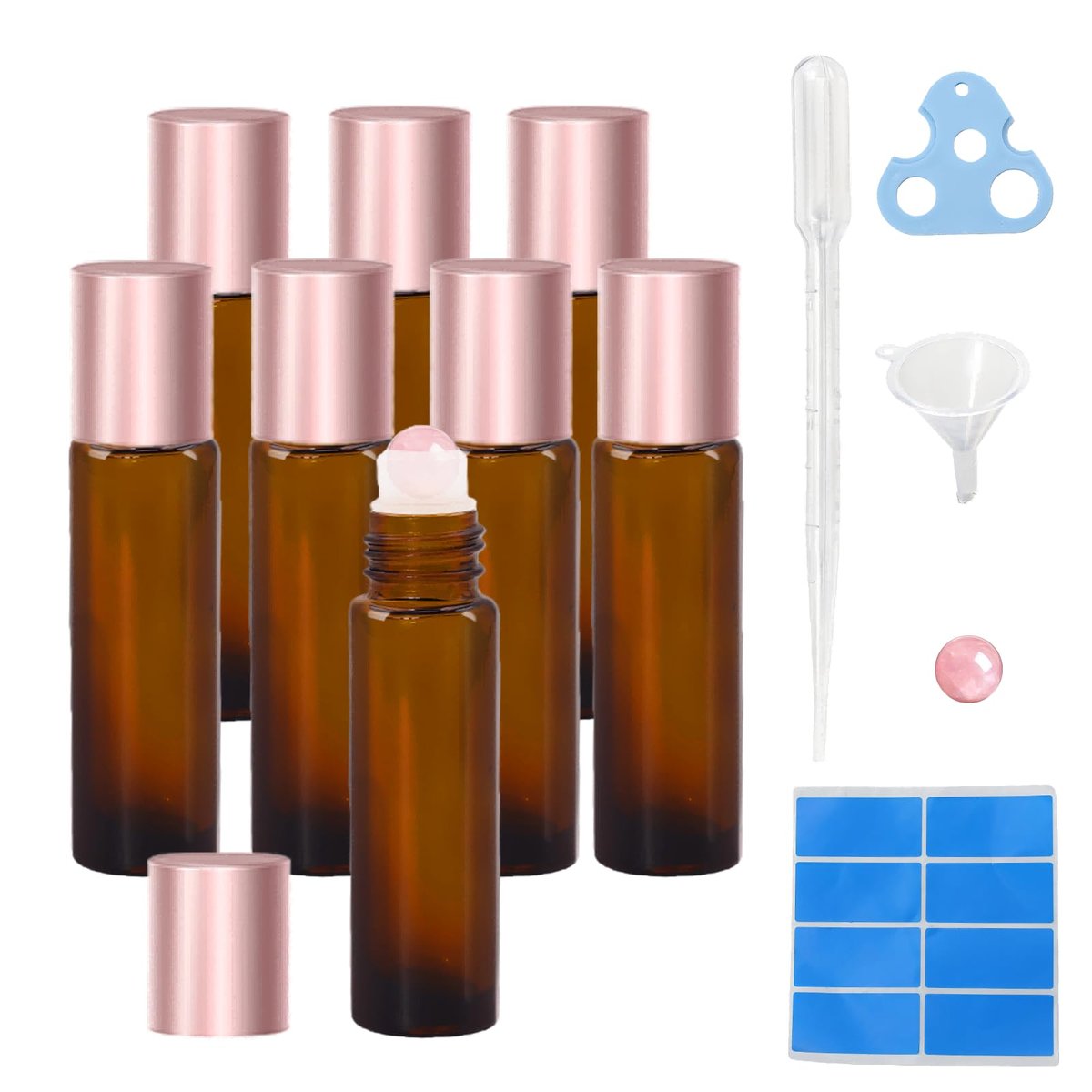 Warmify 8 Pack Rose Quartz Roller Bottles for Essential Oils, 10ml Refillable Amber Glass Roll On Bottles with Natural Crystal Roller Balls, Leak-Proof Travel Perfume Bottle with Rose Gold Caps - görsel 1