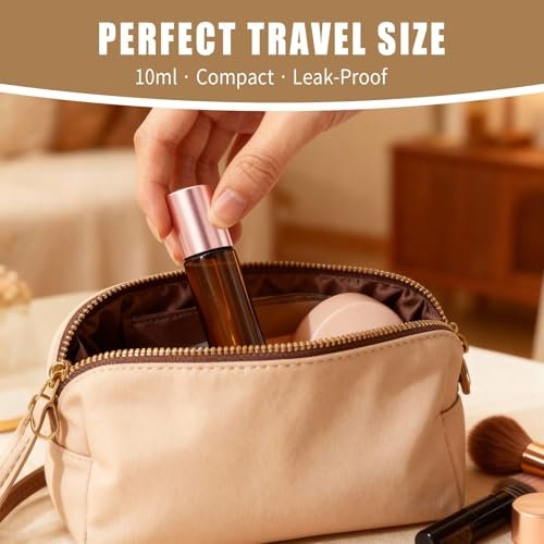 Warmify 8 Pack Rose Quartz Roller Bottles for Essential Oils, 10ml Refillable Amber Glass Roll On Bottles with Natural Crystal Roller Balls, Leak-Proof Travel Perfume Bottle with Rose Gold Caps - görsel 12