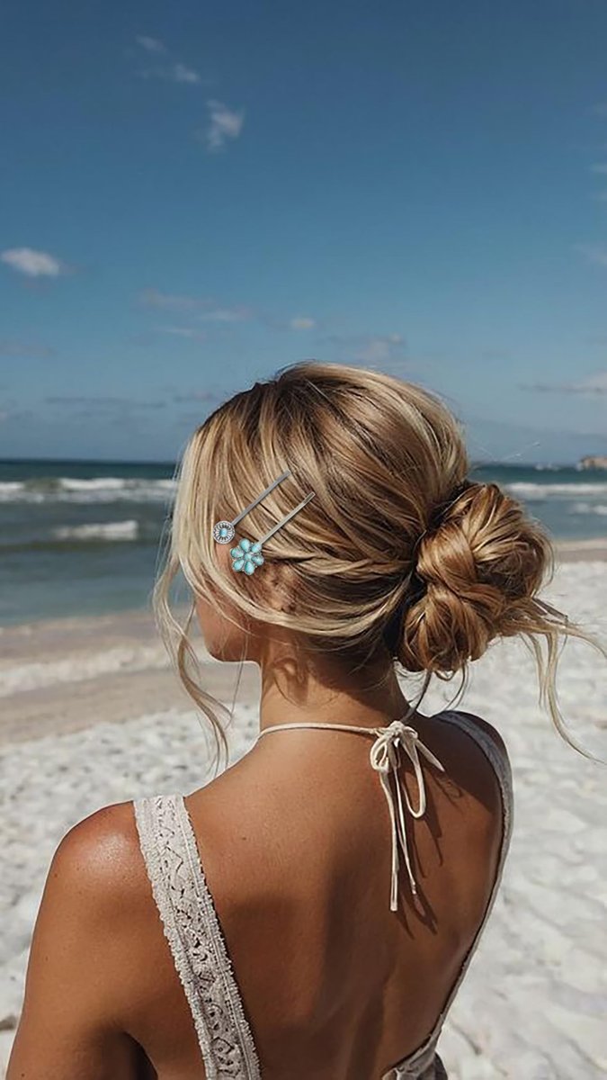 Boho Hair Pins – 7 Pack Vintage Silver Bobby Pins with Turquoise Stones for Women, Bohemian Hair Clips for Thick or Thin Hair - görsel 7